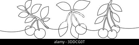 Cherry branch continuous line art. Set of three designs with fruits and leaves. Minimal one line vector fruit illustration for food, botanical project Stock Vector