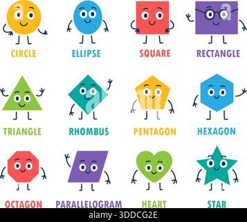 Complete cartoon geometric shapes set. Circle, star, triangle, heart and more colorful characters for children learning Stock Vector