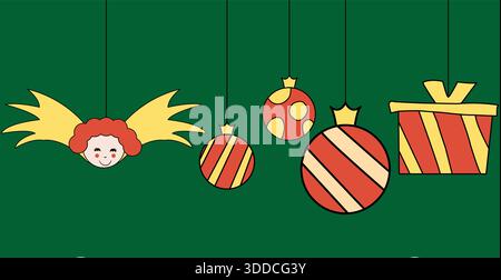 banner with hanging Christmas ornaments: Angel, Christmas ball and gift; Outlined ornaments banner Stock Vector