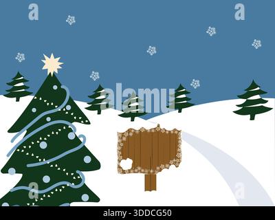 winter snowing landscape with trees and wooden board Stock Vector