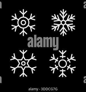 Four white snowflake icons on black background. Winter vector illustrations for Christmas and festive seasonal projects Stock Vector