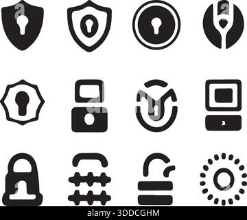 Title Security Lock and Shield Icon Set Silhouette Vector for Cyber Safety Design Apps Stock Vector