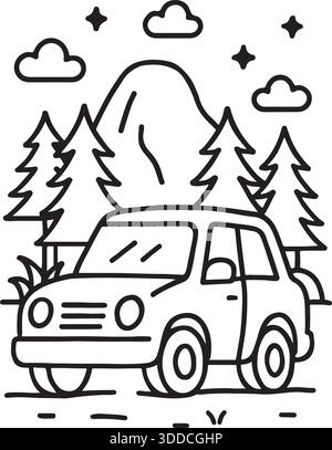 Cartoon Car with Pine Trees and Rock Formation Line Art Illustration Stock Vector