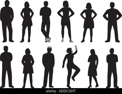 Human Silhouettes Set Twelve Male and Female Figures in Various Poses and Outfits Vector Illustration Stock Vector