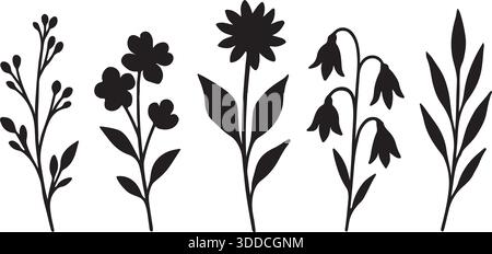 Silhouette Flower Icons Showing Diverse Botanical Shapes and Leaves Vector Illustration Stock Vector