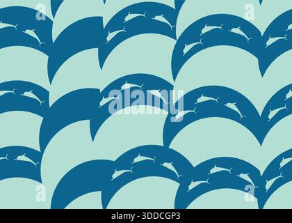 Seamless geometrical with dolphin silhouette and curved shapes ; abstract design of sea waves Stock Vector