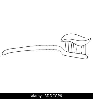 Minimalistic toothbrush with toothpaste outline illustration; isolated contour of toothbrush with toothpaste; plastic toothbrush line icon, simple too Stock Vector
