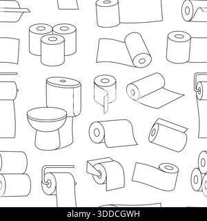 Seamless outline bathroom pattern with toilet paper rolls and toilet bowls on white background vector illustration Stock Vector