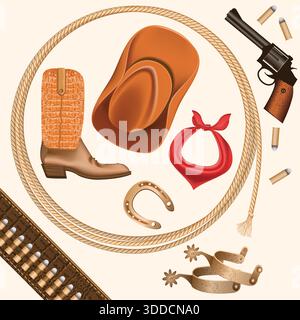 set of wild west cowboy objects isolated on white for design Stock Vector
