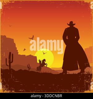 Wild West american poster.Vector western illustration with cowboys Stock Vector