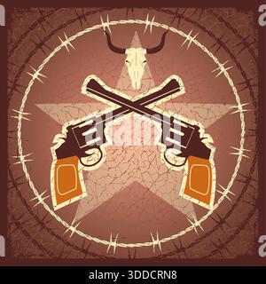 WEstern poster with guns and bull skull on old paper texture.Vintage illustration Stock Vector