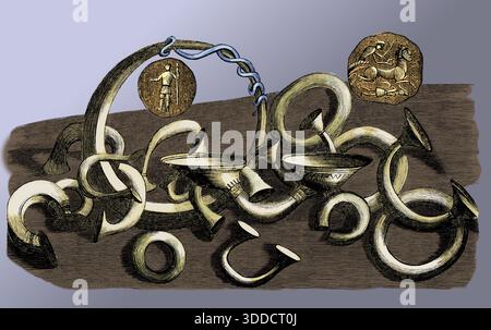 Ancient Celt Torcs and Coins, etchings Stock Photo