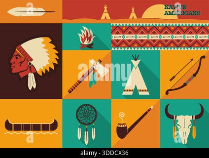 American indian set of icons.Vector illustration of flat design style Stock Vector