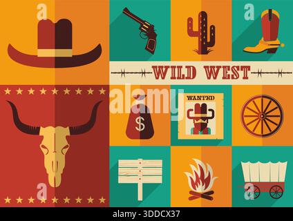 Wild west icons.Vector illustration of cowboy objects in flat design style Stock Vector