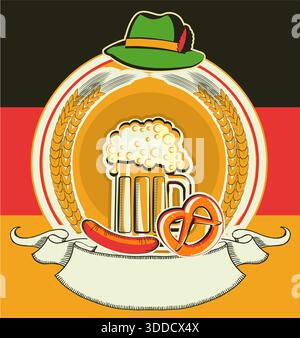 Oktoberfest background with beer symbols vector illustration with man and two glasses of beer. Beer symbols and labels Stock Vector