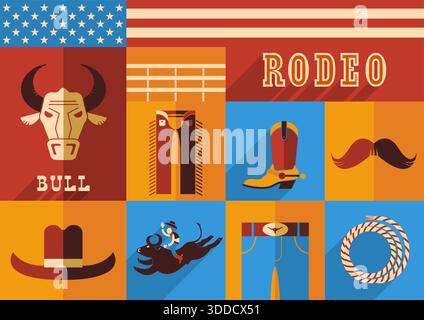 Rodeo bull set of wild west icons.Vector illustration of flat design style Stock Vector