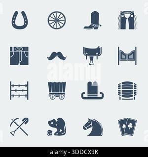 Cowboy icons. Vector western pictograms in flat style design isolated on white Stock Vector
