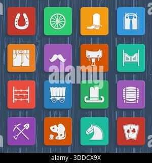 Cowboy icons. Vector western pictograms in flat style design Stock Vector