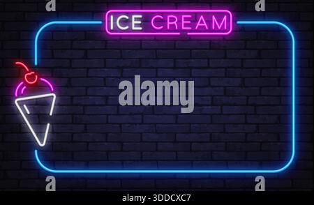 Bright neon vector frame with ice cream cone icon on dark brick background. Perfect for dessert menus, cafe boards, and summer promotions. Stock Vector