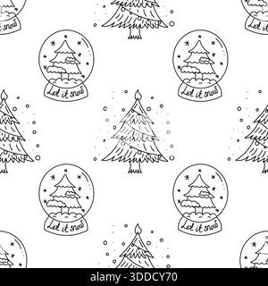 Doodle pattern of Christmas glass snow globes with christmas tree in black and white style Stock Vector