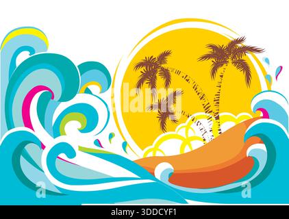 Tropical island paradise background with palms silhouette and sky illustration. Vector seascape poster illustration Stock Vector