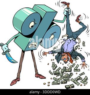 A discount sign robs a man. Spending money online. Financial literacy. Stock Vector