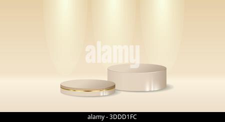Futuristic 3D cream Podium with golden strip and Spotlights, Perfect for Technology Concept, Product Display, Mockup, Showroom Showcase, and Modern De Stock Vector