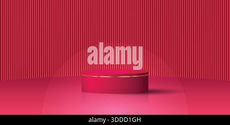 Red maroon luxury podium with golden strip on beautiful red stripped background for product display Stock Vector