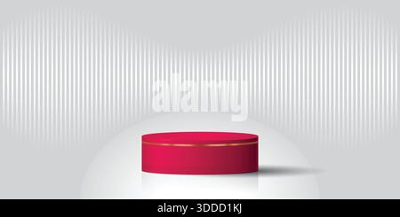 Beatiful stage, red pedestal or podium in grey elegent studio background. 3D illustration. Perfect background or mockup for cosmetics or fashion. Plac Stock Vector