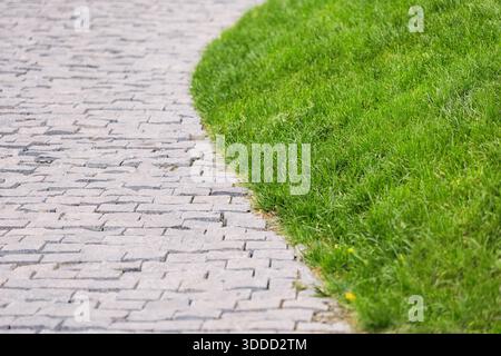 Paved stone walking path curving through a well maintained park lawn with green grass and shrubs on a sunny day Stock Photo