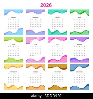 Calendar planner for 2026. 2026 calendar design, set of 12 months. Elegant yearly planner layout for business, corporate documents, reports and modern Stock Vector