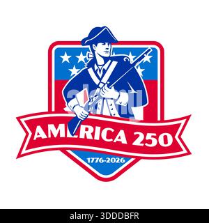 Retro logo style illustration showing an American patriot with musket rifle inside shield with words America 250 1776-2026  commemorating the 250th an Stock Vector