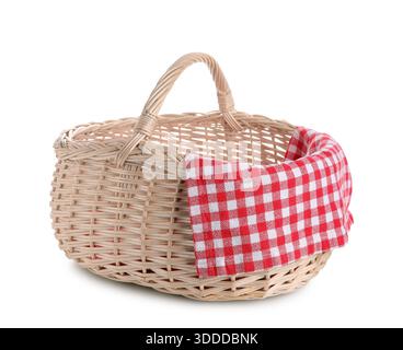 Wicker picnic basket and clean napkin on white background Stock Photo ...