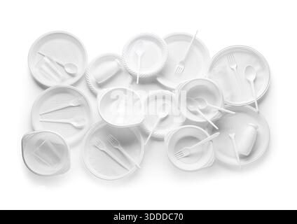 Different plastic tableware on white background Stock Photo