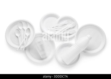 Different plastic tableware on white background Stock Photo