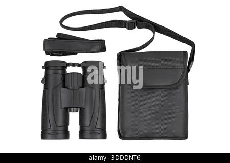Modern black binoculars with carrying case and neck strap isolated on white background. Stock Photo