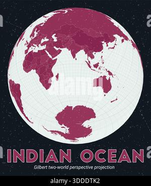 Indian Ocean. World map. Gilbert two-world perspective projection centered on the Indian Ocean. Pale Mint Dark Pink palette. Vintage texture. Stock Vector