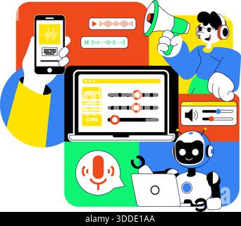 AI Voice Generator Tools Vector Illustration for Digital Audio Technology, Speech Synthesis, and Modern Artificial Intelligence Solutions Background Stock Vector