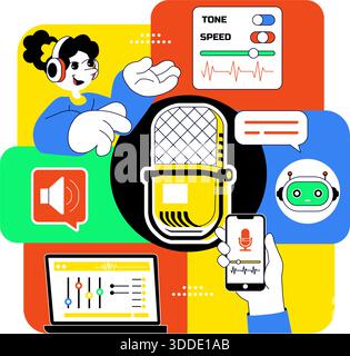 AI Voice Generator Tools Vector Illustration for Digital Audio Technology, Speech Synthesis, and Modern Artificial Intelligence Solutions Background Stock Vector
