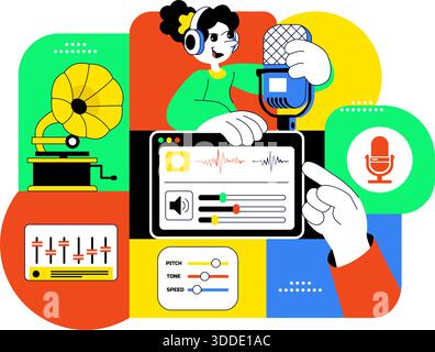 AI Voice Generator Tools Vector Illustration for Digital Audio Technology, Speech Synthesis, and Modern Artificial Intelligence Solutions Background Stock Vector