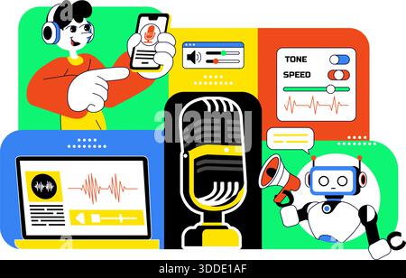 AI Voice Generator Tools Vector Illustration for Digital Audio Technology, Speech Synthesis, and Modern Artificial Intelligence Solutions Background Stock Vector