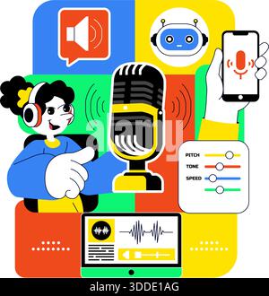 AI Voice Generator Tools Vector Illustration for Digital Audio Technology, Speech Synthesis, and Modern Artificial Intelligence Solutions Background Stock Vector