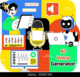 AI Voice Generator Tools Vector Illustration for Digital Audio Technology, Speech Synthesis, and Modern Artificial Intelligence Solutions Background Stock Vector
