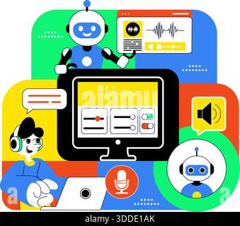 AI Voice Generator Tools Vector Illustration for Digital Audio Technology, Speech Synthesis, and Modern Artificial Intelligence Solutions Background Stock Vector