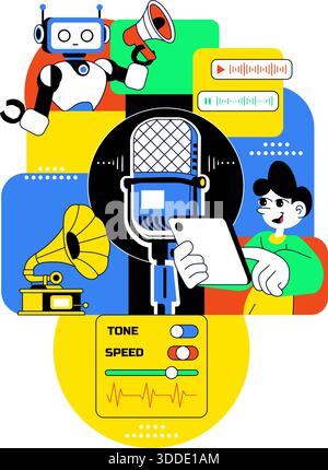 AI Voice Generator Tools Vector Illustration for Digital Audio Technology, Speech Synthesis, and Modern Artificial Intelligence Solutions Background Stock Vector