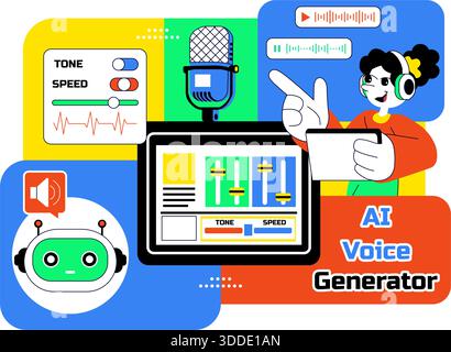 AI Voice Generator Tools Vector Illustration for Digital Audio Technology, Speech Synthesis, and Modern Artificial Intelligence Solutions Background Stock Vector