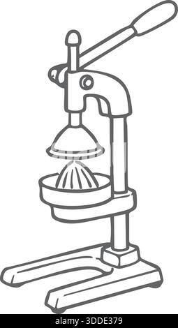Black-and-white line illustration of a countertop manual citrus press with a lever handle, cone, and sturdy base. Stock Vector