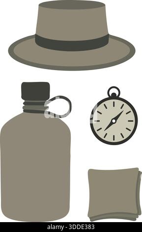 Hat, canteen, pocket watch and pouch arranged as classic travel and field gear. Stock Vector