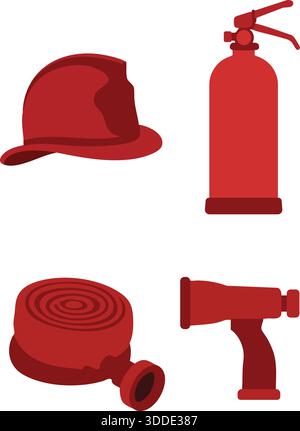 Icons of firefighting gear including helmet, extinguisher, hose reel and nozzle. Stock Vector