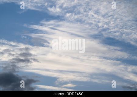 A stunningly beautiful expanse of the sky, showcasing soft white clouds gracefully against a vibrant blue backdrop Stock Photo